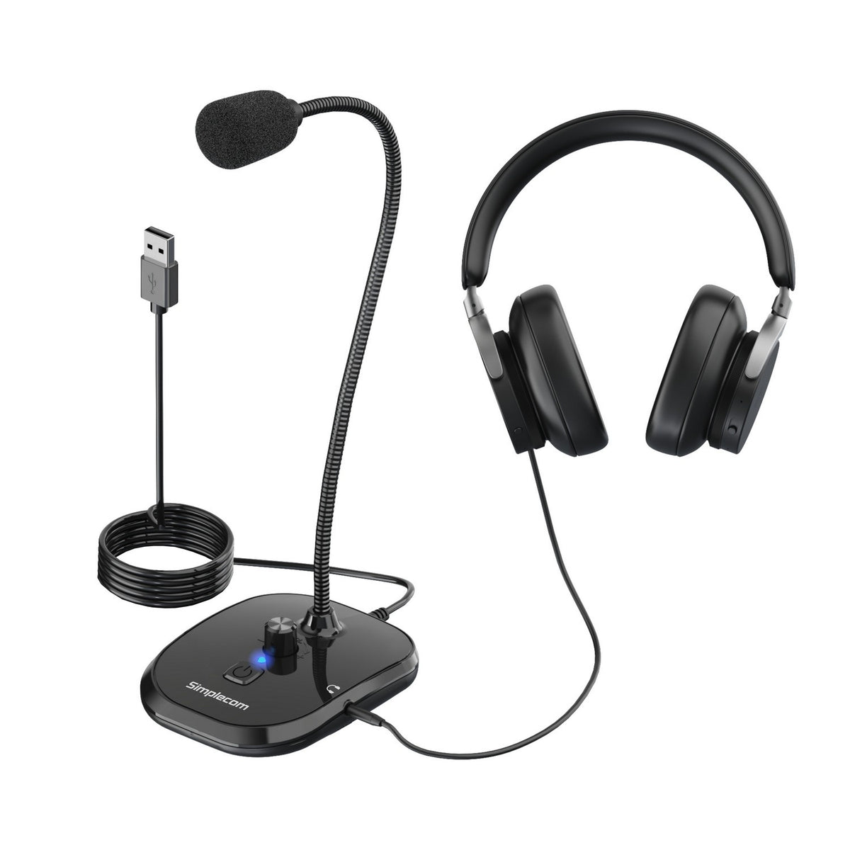 Simplecom UM360 USB Desktop Microphone with Headphone Jack | Plug & Play Computer Mic