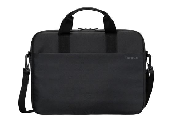 Targus 13-14" Intellect® Slim Briefcase Zippered padded front pocket Removable adjustable shoulder strap carry handles water-resistant fabric Black