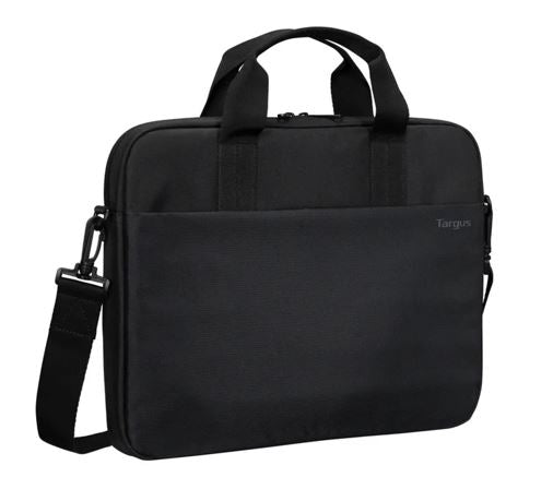 Targus 13-14" Intellect® Slim Briefcase Zippered padded front pocket Removable adjustable shoulder strap carry handles water-resistant fabric Black