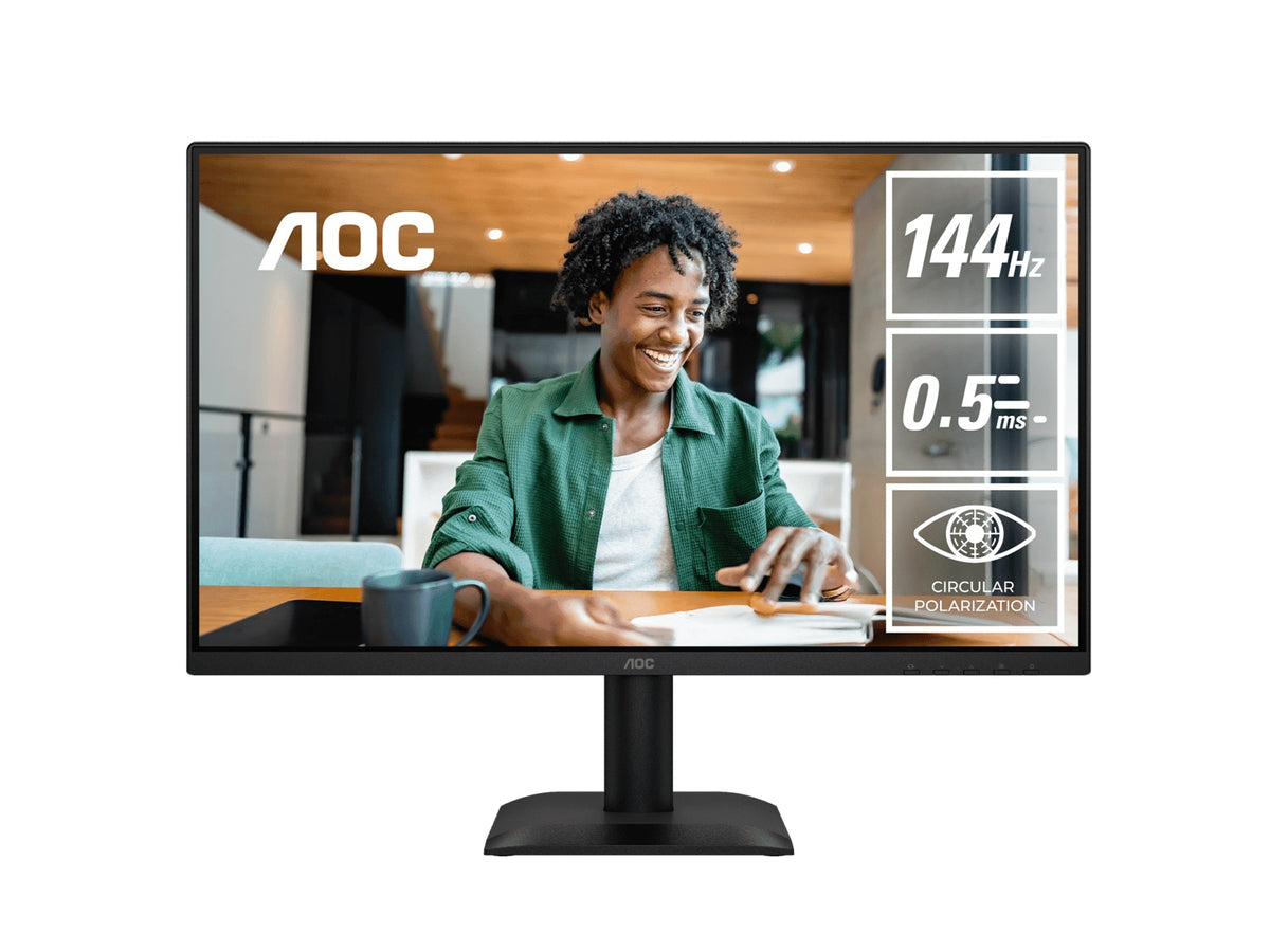 AOC 23.8" IPS, 1920×1080@144Hz, 4ms GtG, 300 cd/m², 1500:1, 178° VA, sRGB 112%, HDMI/DP, tilt -5°~23°, 16.7M colors, 16W (LS)