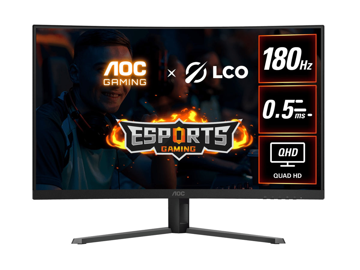 AOC 31.5" QHD Curved Monitor (CQ32G4E) – 180Hz VA, 0.5ms MPRT, 1500R curve, 121% sRGB, DP 1.4, HDMI 2.0, Delta E<2, tilt adjustable, 3500:1 contrast