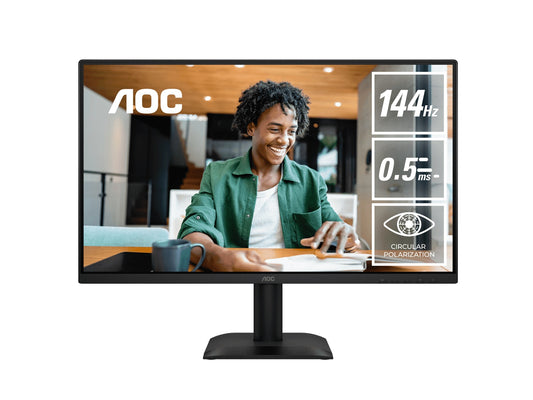 AOC 23.8" IPS, 1920×1080@144Hz, 4ms GtG, 300 cd/m², 1500:1, 178° VA, sRGB 112%, HDMI/DP, tilt -5°~23°, 16.7M colors, 16W (LS)