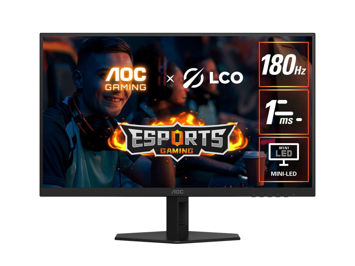 AOC 27" QD-MiniLED Monitor – QHD 180Hz, 1ms, 5000:1 contrast, 1200 nits peak HDR, Quantum Dot VA, 148% sRGB, DP 1.4, HDMI 2.0, tilt adjusable