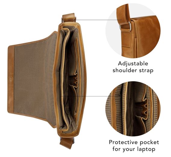 Marselisborg 14" Leather Messenger Laptop Bag – Handcrafted Golden Tan Business Briefcase for 12"–14" Notebooks